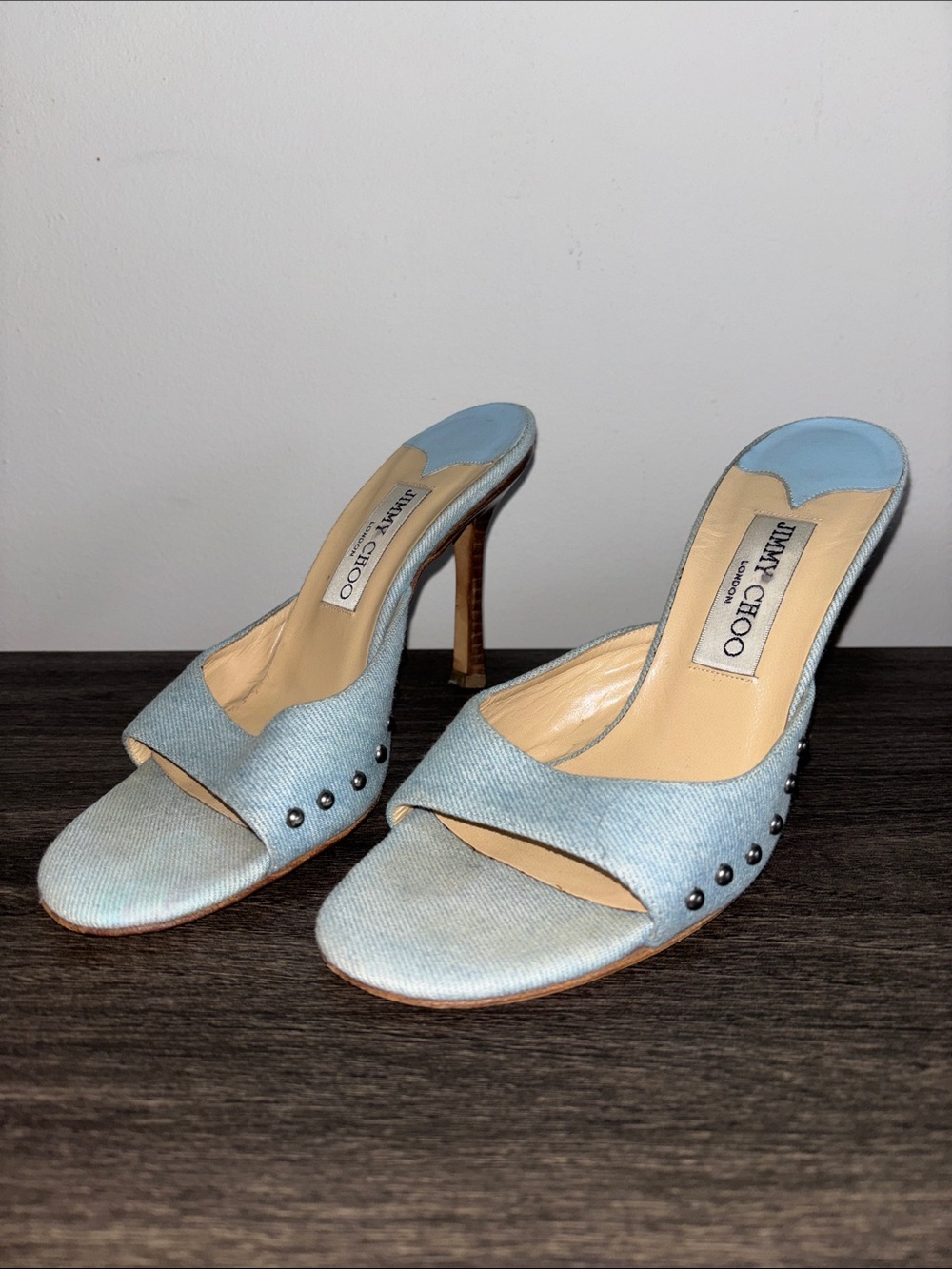 Jimmy Choo Powder Blue Studded Open-Toe Mules